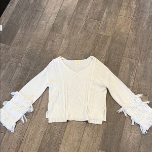 Harper White V-Neck Sweater with Fringe Sleeves